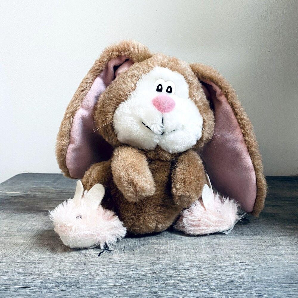 Vintage Applause Brown Fuzzy Lop Eared Bunny Rabbit 8" Plush Pink Bunny Slippers